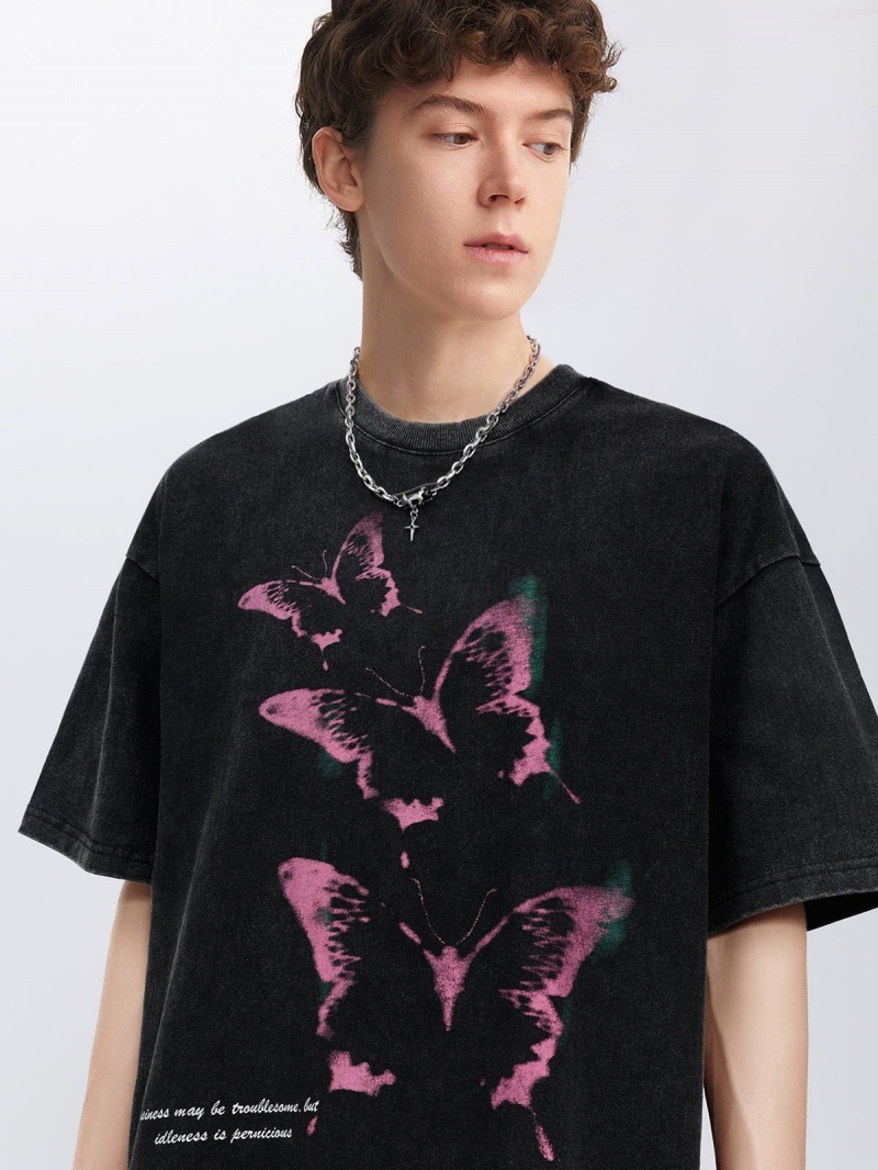 Noir  T Shirts Aelfric Eden Washed Butterfly Graphique Tee - ARB-3964808